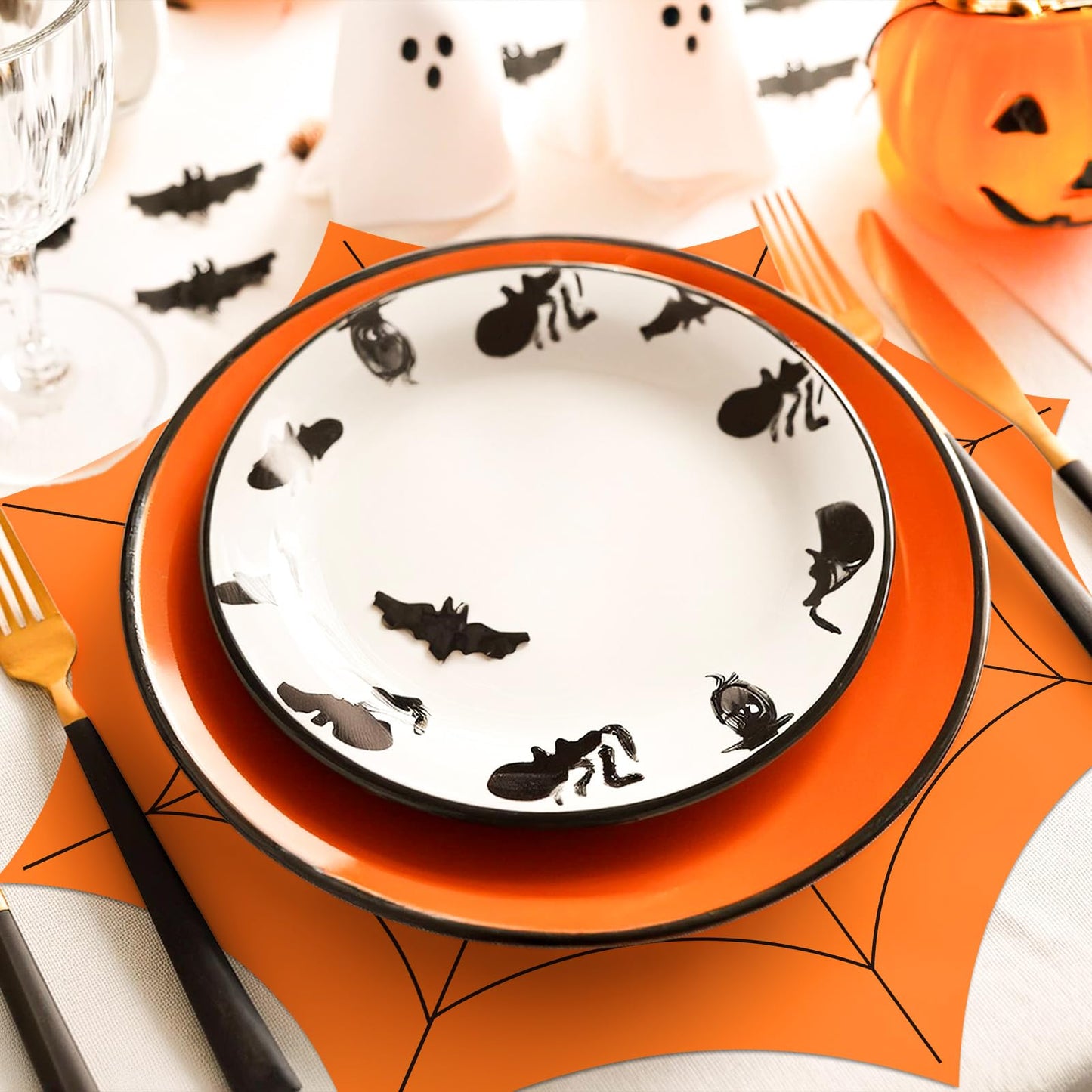 Whaline 48 Pack Halloween Paper Place Mats 13 Inch Spiderweb Disposable Placemats Green Orange Purple Spider Web Paper Table Mats for Kitchen Dinner Table Setting