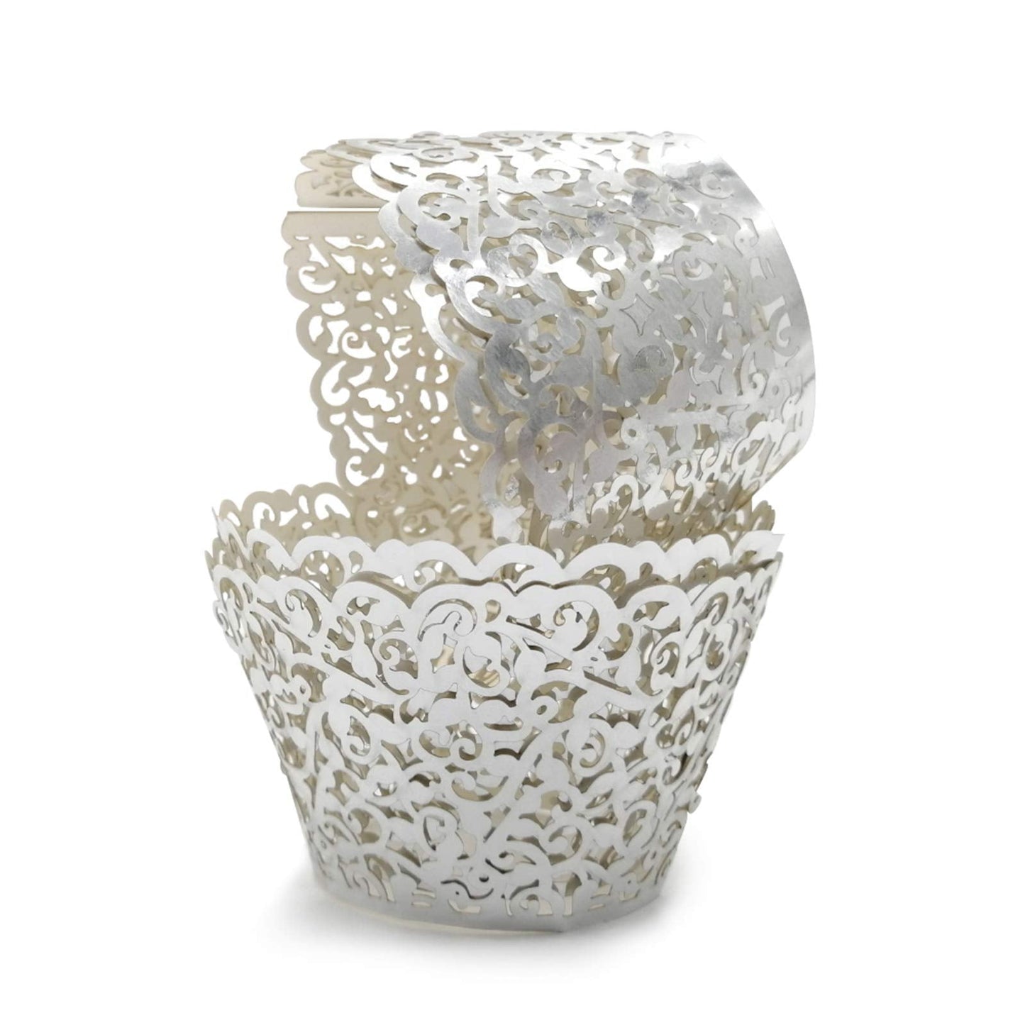 GOLF 100Pcs Cupcake Wrappers Artistic Bake Cake Paper Filigree Little Vine Lace Laser Cut Liner Baking Cup Wraps Muffin CaseTrays for Wedding Party Birthday Decoration (Silver)