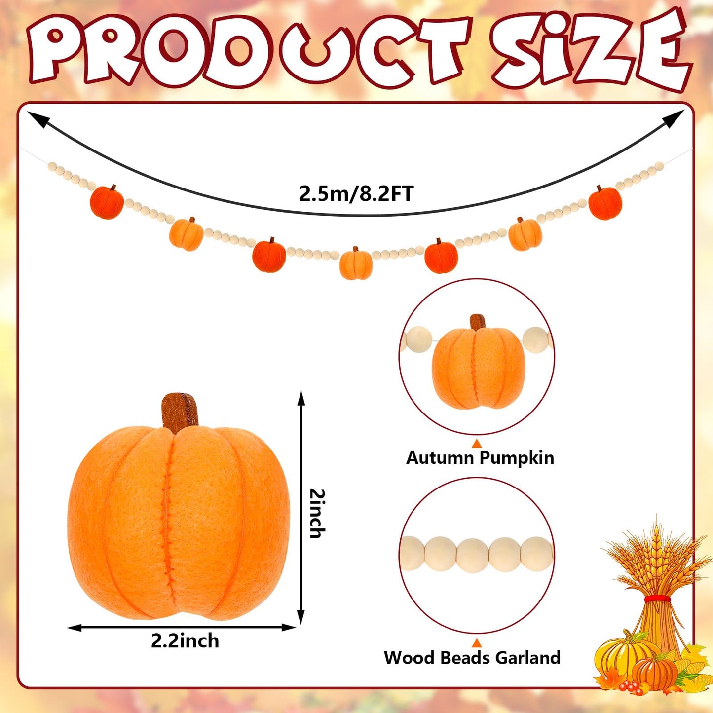JarThenaAMCS Fall Felt Pumpkin Garland 8.2FT Wood Bead Garland with 3D Pumpkin Autumn Hanging Banner for Thanksgiving Home Wall Fireplace Decor