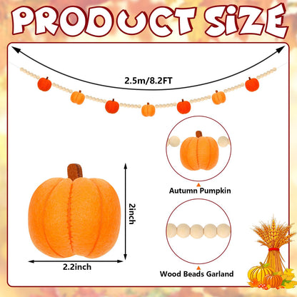 JarThenaAMCS Fall Felt Pumpkin Garland 8.2FT Wood Bead Garland with 3D Pumpkin Autumn Hanging Banner for Thanksgiving Home Wall Fireplace Decor