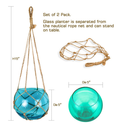 SAILINGSTORY Hanging Glass Plant Terrarium 5" Glass Planter Propagation Stations Flower Vase Blue and Teal Set of 2 Pack