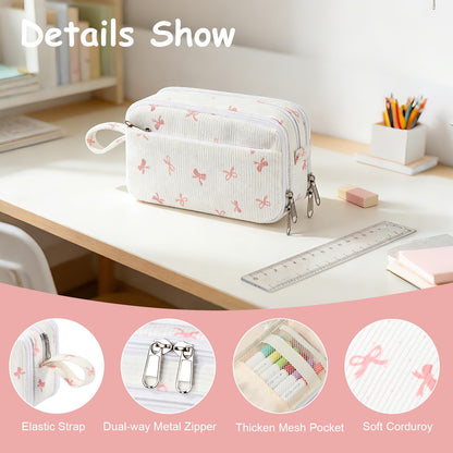 BuyCard Large Capacity Cute Pencil Case, Aesthetic Pen Pouch, White with Pink Bow Pattern Pencil Bag, Kawaii Stationery Storage and Organizer, Supplies for Teen and Adult Girls