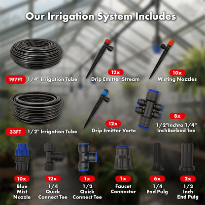 Drip Irrigation System 230FT Quick-Connect Drip Irrigation Kit with 1/4 inch 1/2 inch Irrigation Tubing Hose and Accessories for Lawn Raised Bed Greenhouse Plant Watering System