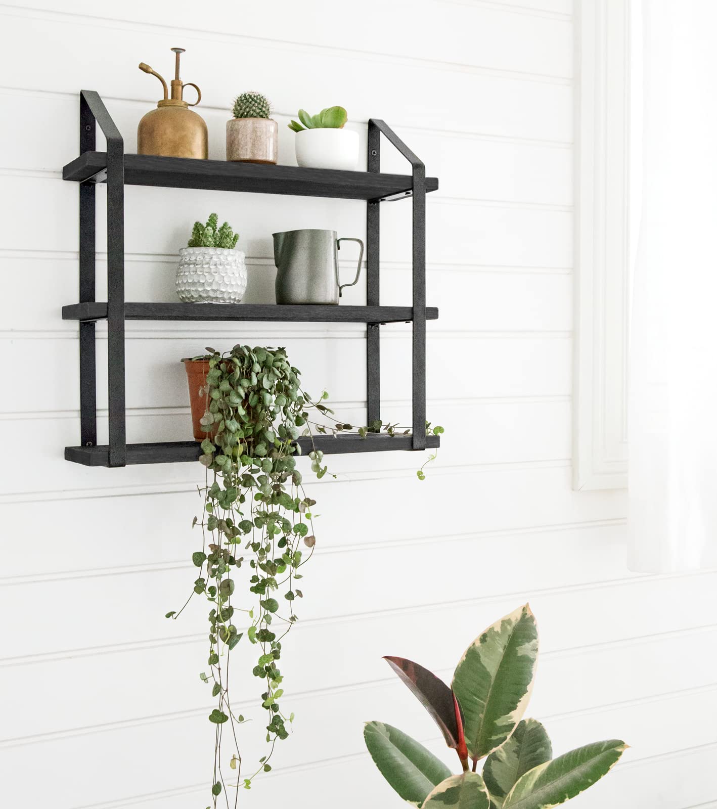 Mkono Floating Wall Shelves 3 Tier Rustic Hanging Shelf with Metal Bracket Wall Mount Wood Storage Display Shelves for Living Room Bathroom Bedroom Kitchen Office,Black