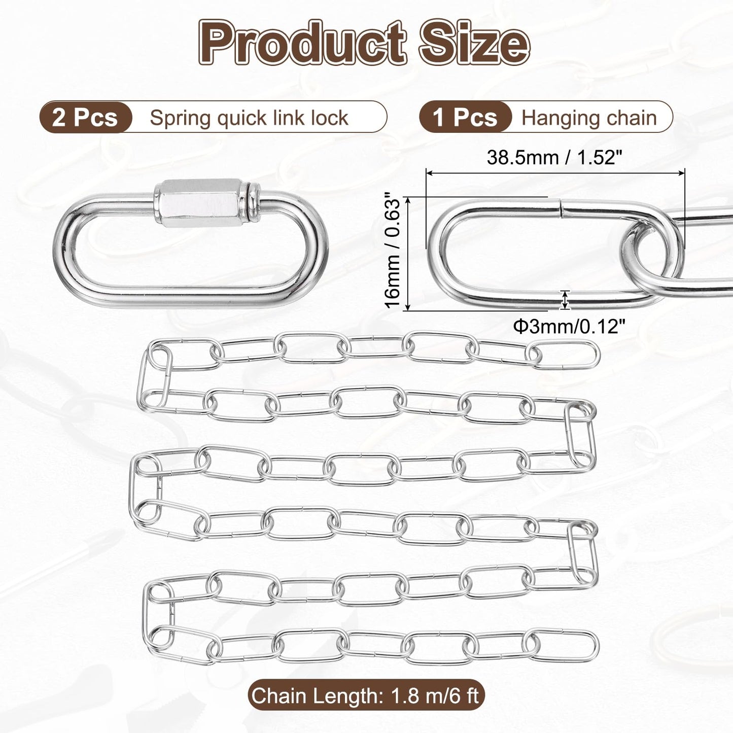 uxcell 6ft Lighting Hanging Chain, 3mm/0.12" Looping Metal Pendant Chandelier Chain Extension with 2 Quick Link Lock for Hanging Plant Pendant Chandelier Light Fixture, Light Silver