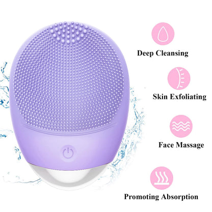 Facial Cleansing Brush, 3-in-1 Electric Soft Silicone Waterproof Face Scrubber, USB Rechargeable IPX7 Waterproof Sonic Vibrating Face Brush for Deep Cleansing, Gentle Exfoliating and Massaging