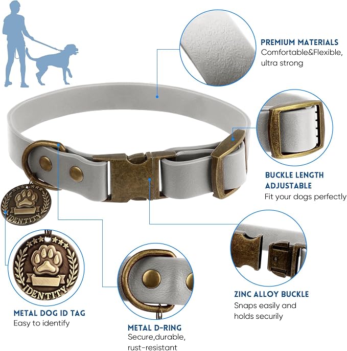 Wisedog Waterproof Dog Collar and Leash Set, Grey, M | Adjustable Puppy Collar, Cute Tag, 5FT Leash, Includes Poop Bag, For Small Medium Large Dogs