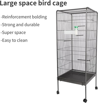Steel Bird Cage with Rolling Stand, Plastic Feeder, PP Slide-Out Tray Large Flight Cage for Parrots, Parakeets, Cockatiels, Pigeons and Lovebirds Big Bird Cage Antique Gray As Shown