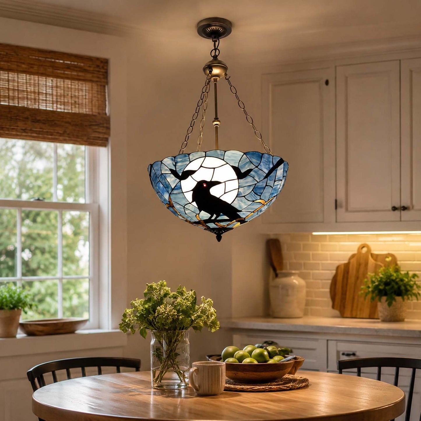 Bieye L12006 Tiffany-Style Stained Glass Raven Ceiling Pendant Light, 3-Light Hanging Ceiling Fixture with Adjustable Chains (Dark Blue, 20 inches Wide)