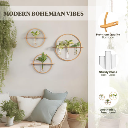 Bohemian Roots Plant Propagation Stations - Set of 3 Bamboo Wall Planters for Indoor Plants with 5 Glass Plant Propagation Tubes | Propagation Vases for Plants | Aesthetic Plant Wall Decor