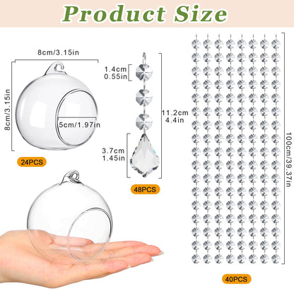 GlikCeil 112 Pcs 3.15'' Hanging Glass Tealight Holder with Clear K9 Crystal Garland Strands and Maple Leaf Pendants Globe Plant Terrariums Glass Orbs for Wedding Party Valentine Decoration