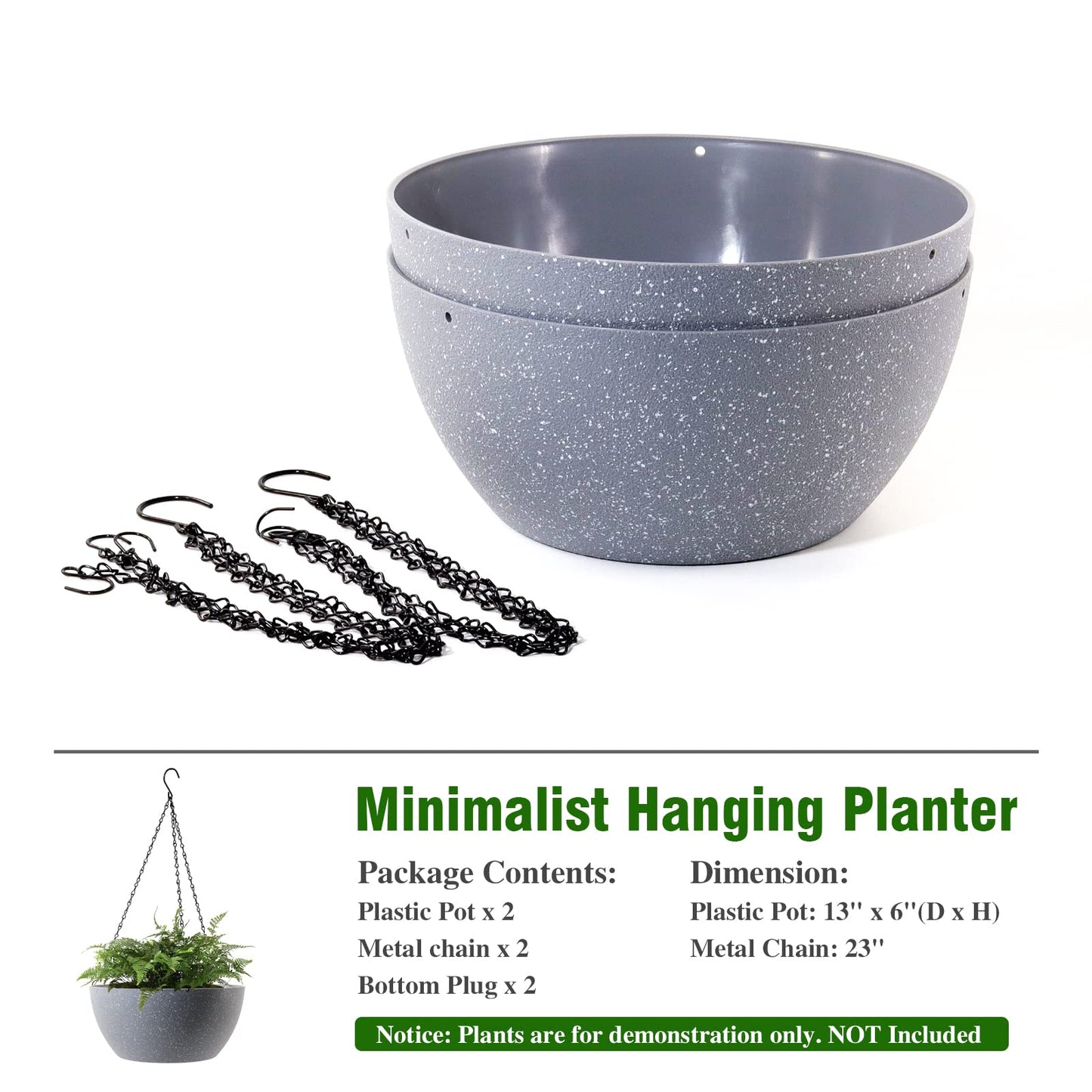 WOUSIWER 13 inch 2 Pack Large Hanging Planters for Indoor Outdoor Plants with Drainage Holes and Chain, Round Hanging Flower Pots for Garden Home Porch Decor, Grey Speckles