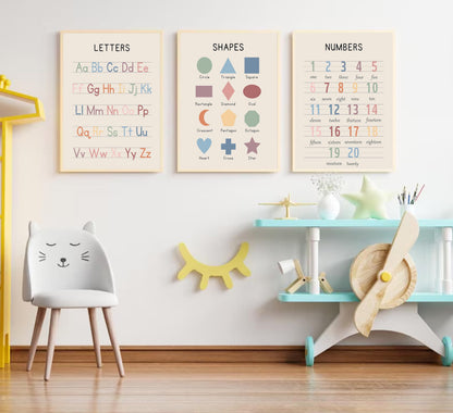 3Pcs Nursery Educational Wall Art Preschool Education Letter Number Posters Painting Pictures Wall Decor Canvas Prints artwork for Classroom Baby Boy's Baby Girl's Room Home Decoration Unframed