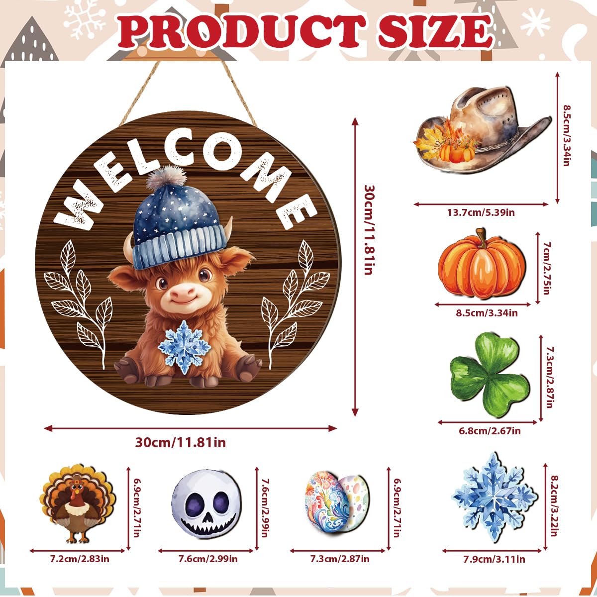Riletese Easter Interchangeable Welcome Sign Wooden Highland Cow Seasonal Holiday Decor with Magnet Pieces and Detachable Hats Front Door Yard Home Decorations Gift (Highland Cow)