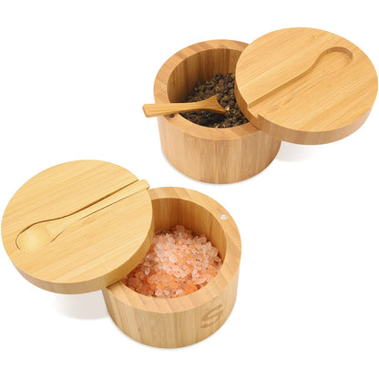 HTB Bamboo Salt Cellar Set with Spoon, Kitchen Spice Containers with Magnetic Swivel Lids, 2 Seasoning Containers Set Engraved with S and P