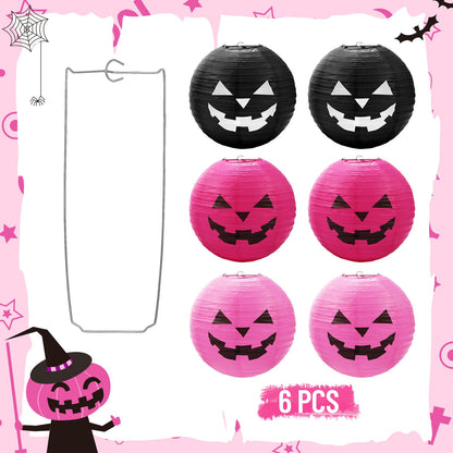 Blulu 6 Pieces Halloween Hanging Paper Lanterns Set Pumpkin Paper Jack-O'-Lantern for Halloween Spooky Home Party Decoration, 11.8 x 11 Inch (Pink,Black)