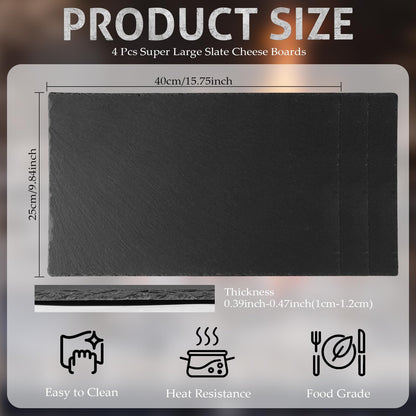 Zhehao 4 Pack 16" x 10" Large Slate Cheese Boards for Meat Cheese Appetizer Platter Black Charcuterie Board Natural Slate Stone Plate Tray for Laser Engraving Wedding Party Housewarming Gift