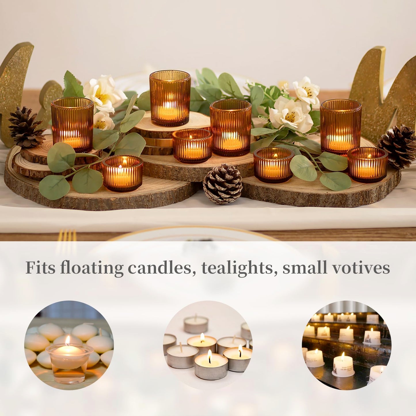 Hewory Glass Tealight Candle Holder: 8 Pcs Amber Votive Candle Holders Tea Lights Candle Holder, Ribbed Tea Light Holders Fall Decorations for Thanksgiving Table Centerpiece Wedding Party Home Decor