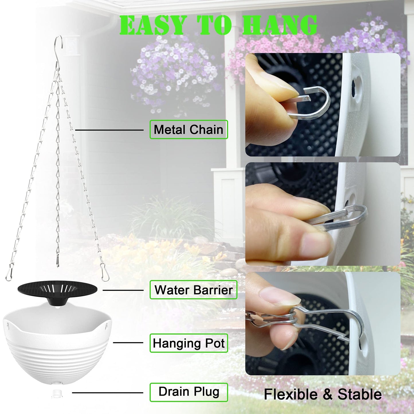 REPICLIFE Hanging Planters, Set of 9 White Hanging Pots, 8" Hanging Flower Pots, Plant Pots with Drainage Plugs, Water Barrier and Chains, Come with Free Mini Garden Tools Set