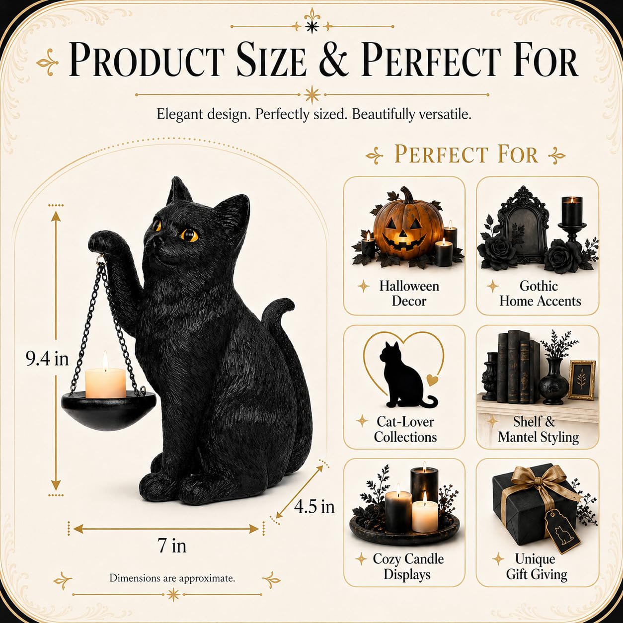 Gothic Black Cat Lamp with Tealight Candle Holder Cat Statue Halloween Decorations Indoor Gothic Home Decor for Living Room Tabletop Shelf Bedroom Unique Goth Witchy Gifts Decor