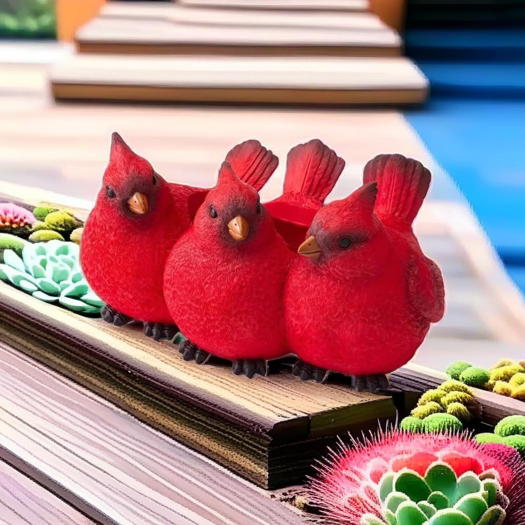 Odulut Cardinal Bird Succulent Flower Pot,Resin Red Birds Plant Pot,Three Little Birds Decorative Planter for Indoor/Outdoor Tabletop Home Garden Plant Decor