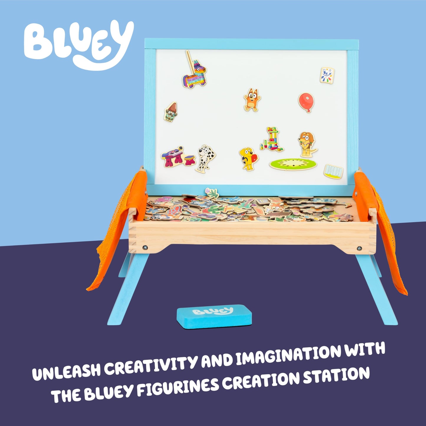 Bluey Art Creation Kids Art Station with 100 Magnets & Whiteboard Lid, Foldable Legs, Art Table for Kids, Storage Pockets