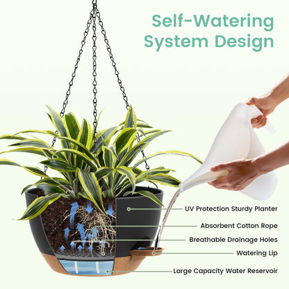 UOUZ Set of 3-10 Inch Self Watering Hanging Planters for Indoor Outdoor，Hanging Plant Pots with Drainage & Removable Tray, Hanging Pots Holder for Ivy, Pothos, Ferns, Balcony & Patio, Black with Brown
