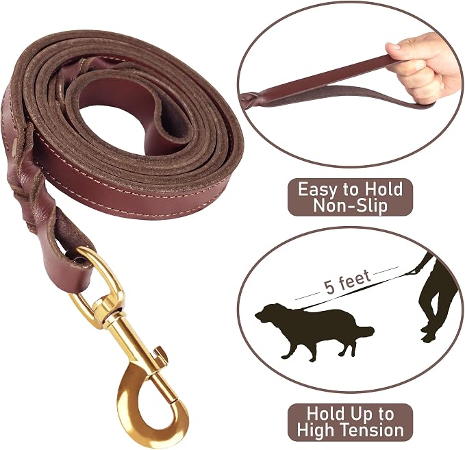 Heavy Duty Genuine Leather Dog Collar and Leash Set - 5ft Soft and Durable With Metal Buckle - Adjustable, Compatible for Large Dogs