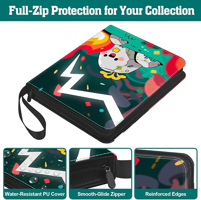 Trading Card Binder, 900 Pockets, 50 Sheets 9-Pocket, Refillable 3-Ring, Fits 2.5" x 3.5" Cards, Acid-Free PVC-Free Pages, Zip PU Cover with Strap, for TCG & Sports Cards – Campfire Design