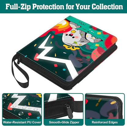 Trading Card Binder, 900 Pockets, 50 Sheets 9-Pocket, Refillable 3-Ring, Fits 2.5" x 3.5" Cards, Acid-Free PVC-Free Pages, Zip PU Cover with Strap, for TCG & Sports Cards – Campfire Design