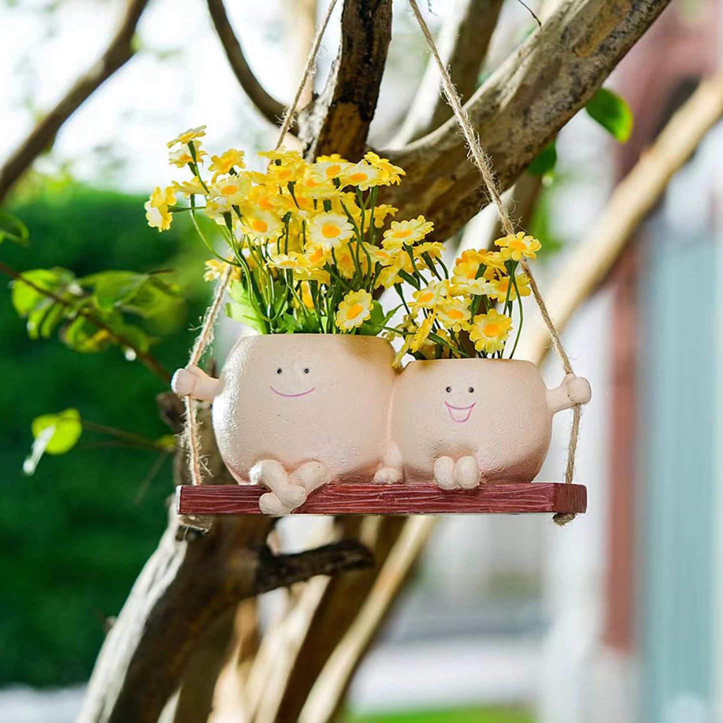 Dolkgy Hanging Planter Swinging Face Planters, Unique Head Flower Pots for Indoor Outdoor Plants, Cute Face Vase Funny Fence Wall Planter Succulent Pots