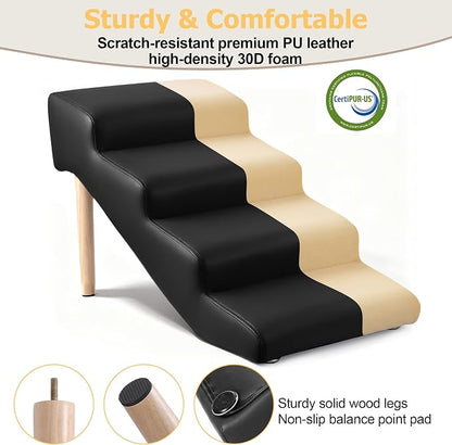 4-Step 18" H Dog Stairs for Bed Couch, Waterproof & Scratch PU Leather Pet Steps for Small Senior Dogs and Cats, Dog Ramp with 220 lbs Maximum, Oak Leg & Solid Wood, Non-Slip Feet, Black