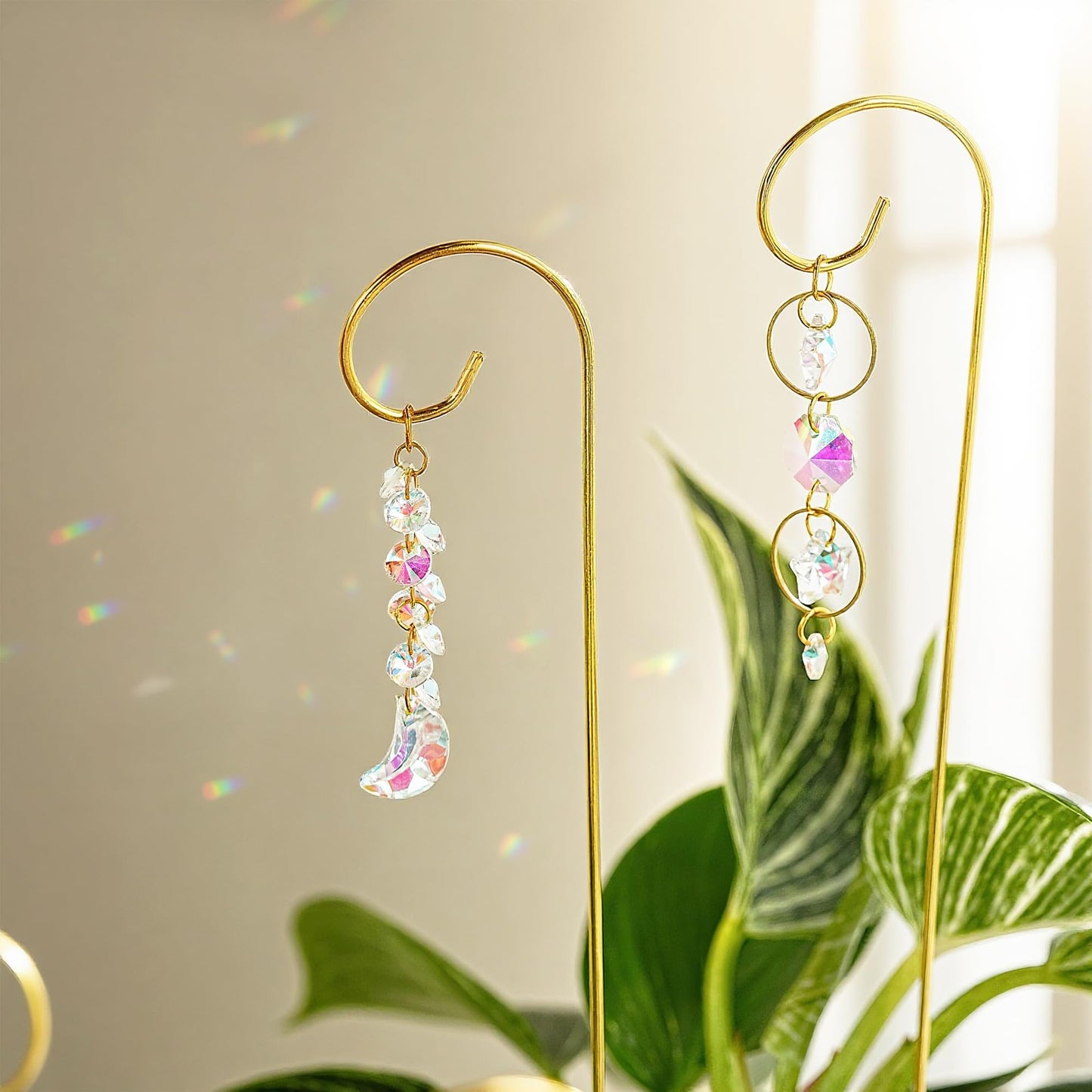 HDCRYSTALGIFTS 6PCS Small Trellis with Crystal Sun Catchers for Potted Plants, 13.5inch Fairy Garden Plant Stakes Suncatchers for Mini Potted Indoor Outdoor Decorations (Sun & Moon Styles)