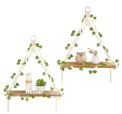Mkono sSet of 4, 2 Packs Artificial Ivy Macrame Hanging Shelves with Lights, and 2 Packs Fake Hanging Plant with Pot