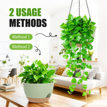 SQKH 8 Inch Hanging Planters for Indoor Outdoor Plants, 4 Pack Green Brown Plastic Self Watering Hanging Baskets with Drainage Holes and Chain for Garden Porch