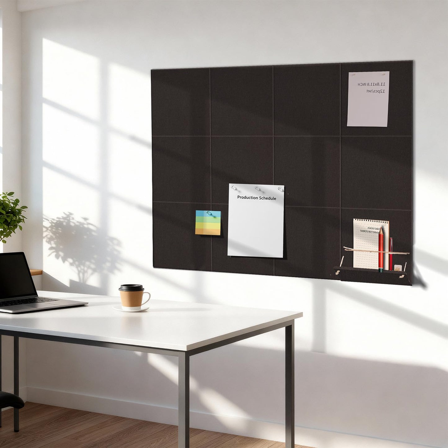 12 Pack Bulletin Boards 48" x 36" Alternative Cork Board for Office,Built-in Storage Device，Large Cork Boards for Walls ， Felt Wall Tiles, Contains Removable Security Stickers and PushPins (F-Black)