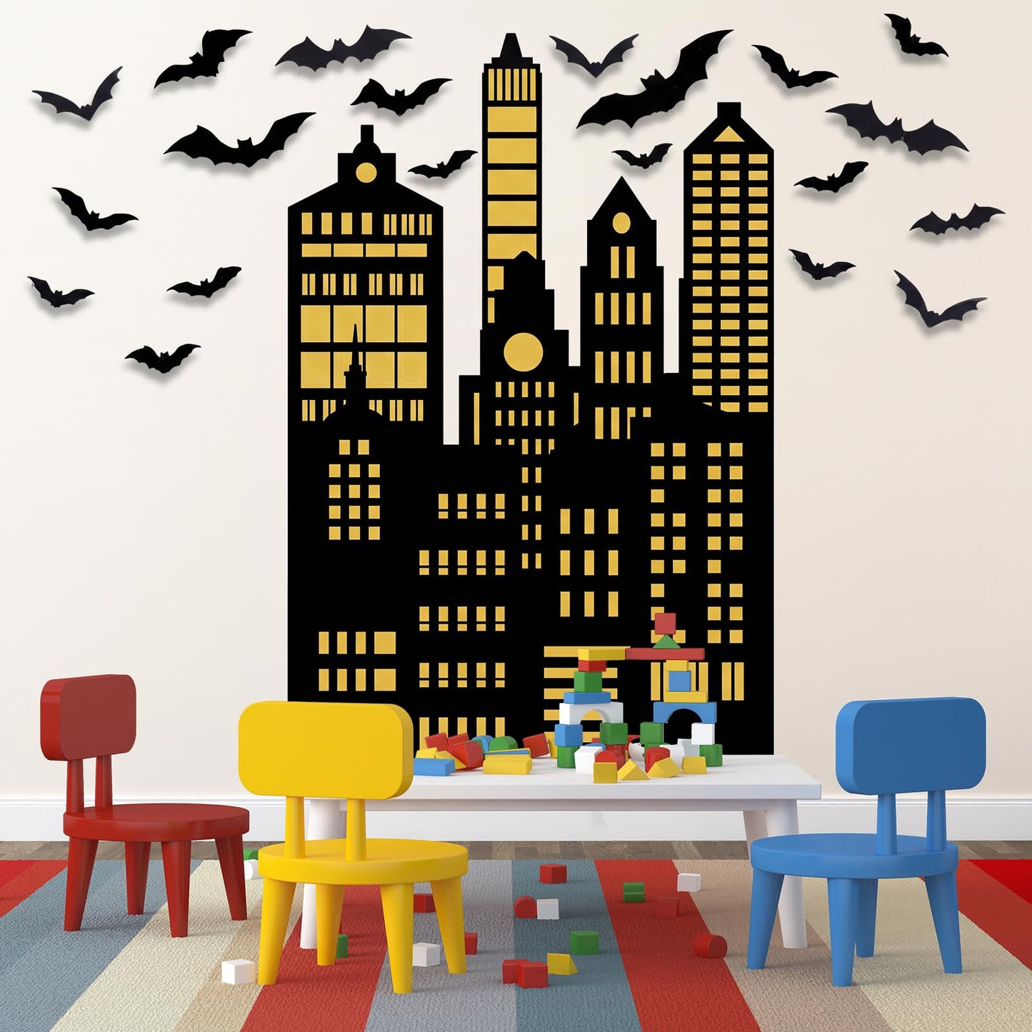 Tingjoo 61 Pcs Bat City Backdrop Photography Background Include 60 Pcs 3D Bats Vampire Wall Decal Stickers Skyscraper City Background for Hero Theme Birthday Party Supplies