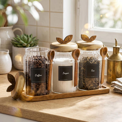 Suclain 3 Sets Glass Coffee Sugar Tea Canister 27 oz Airtight Food Storage Jar with Wooden Lid Spoon Shelf Labels Clear Glass Container for Sugar Coffee Bean Holder Salt Tea Housewarming Gift