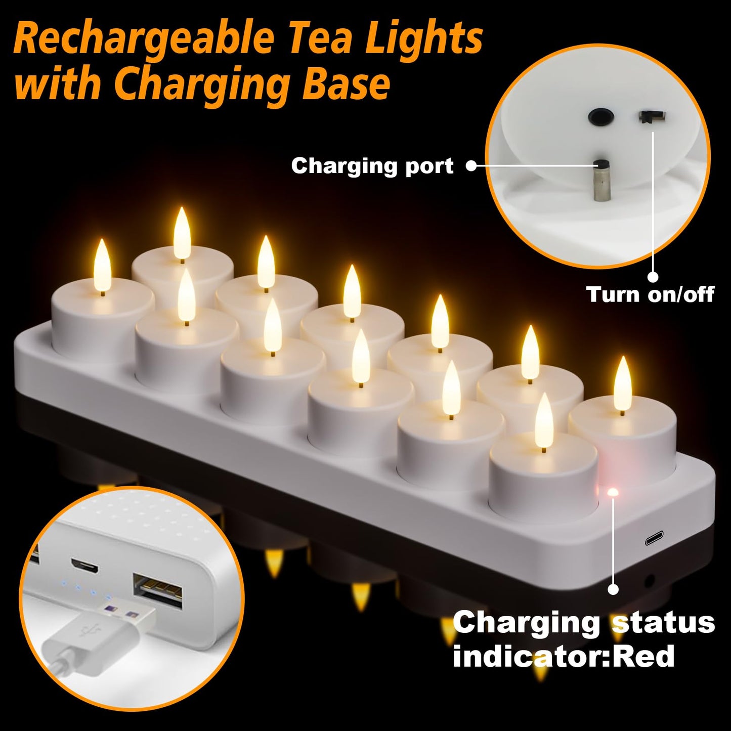 GenSwin 12 Rechargeable Tea Lights Candles with Charging Base and Remote Timer, Flameless LED Tealight Candles Battery Operated Halloween Fall Wedding Table Centerpieces (1.57” x 1.85”)