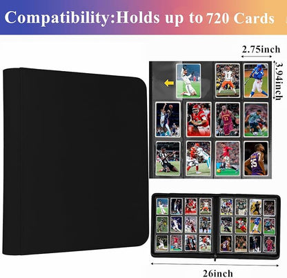 12 Pocket Card Binder, 720 Pockets PU Leather Zipper Trading Card Collection Album, Side-Loading Card Storage Folders for MTG, TCG, Game/Sport Crads (Black, 12 Pockets)
