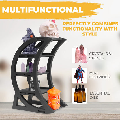 CEFRECO Wooden Crystal Display Shelf - Crystal Holder for Stones and Essential Oil - Black Witchy Decor Crescent Moon Phrase Decorative Shelves for Table Top - Unique Crystal Shelf Display Stand