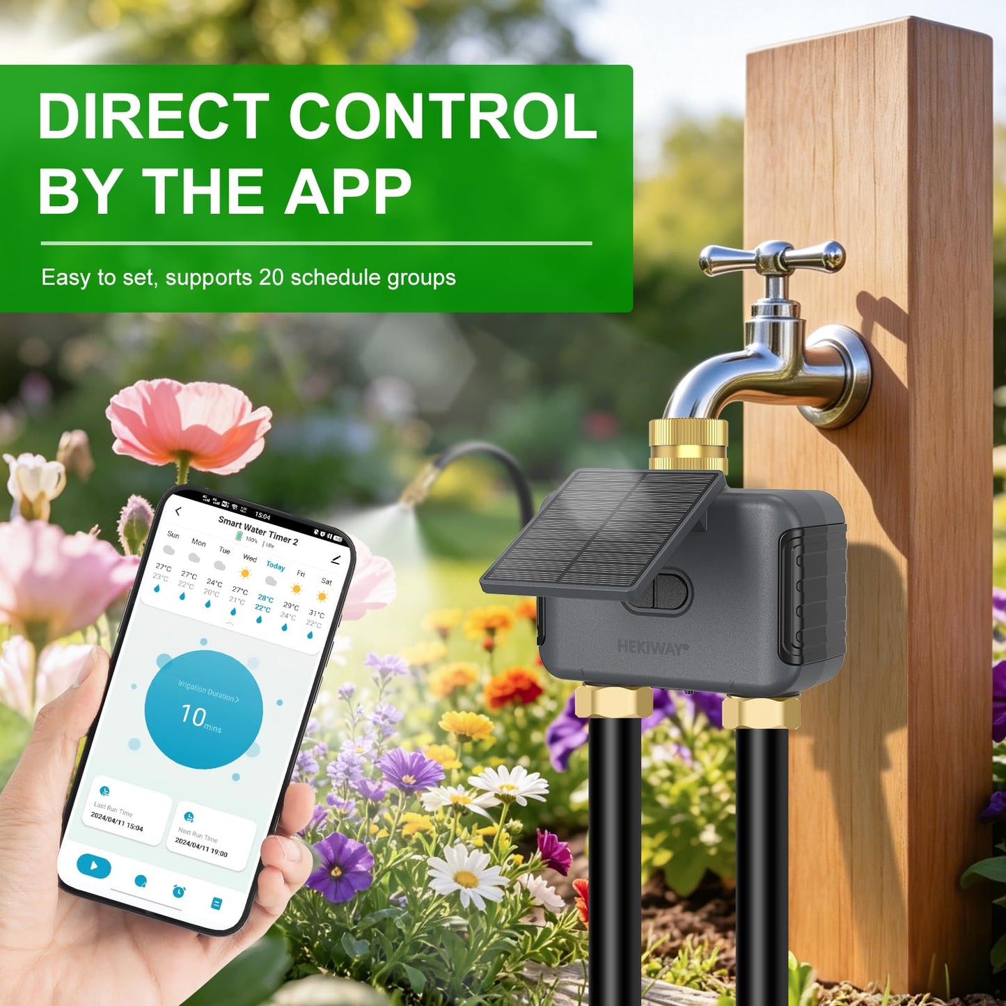 HEKIWAY 120FT Drip Irrigation System with WiFi Solar Water Timer, Automatic Garden Watering Kit with Dual Metal Tube Brass Connectors, 360° Adjustable Nozzles for Garden, Greenhouse & Lawn