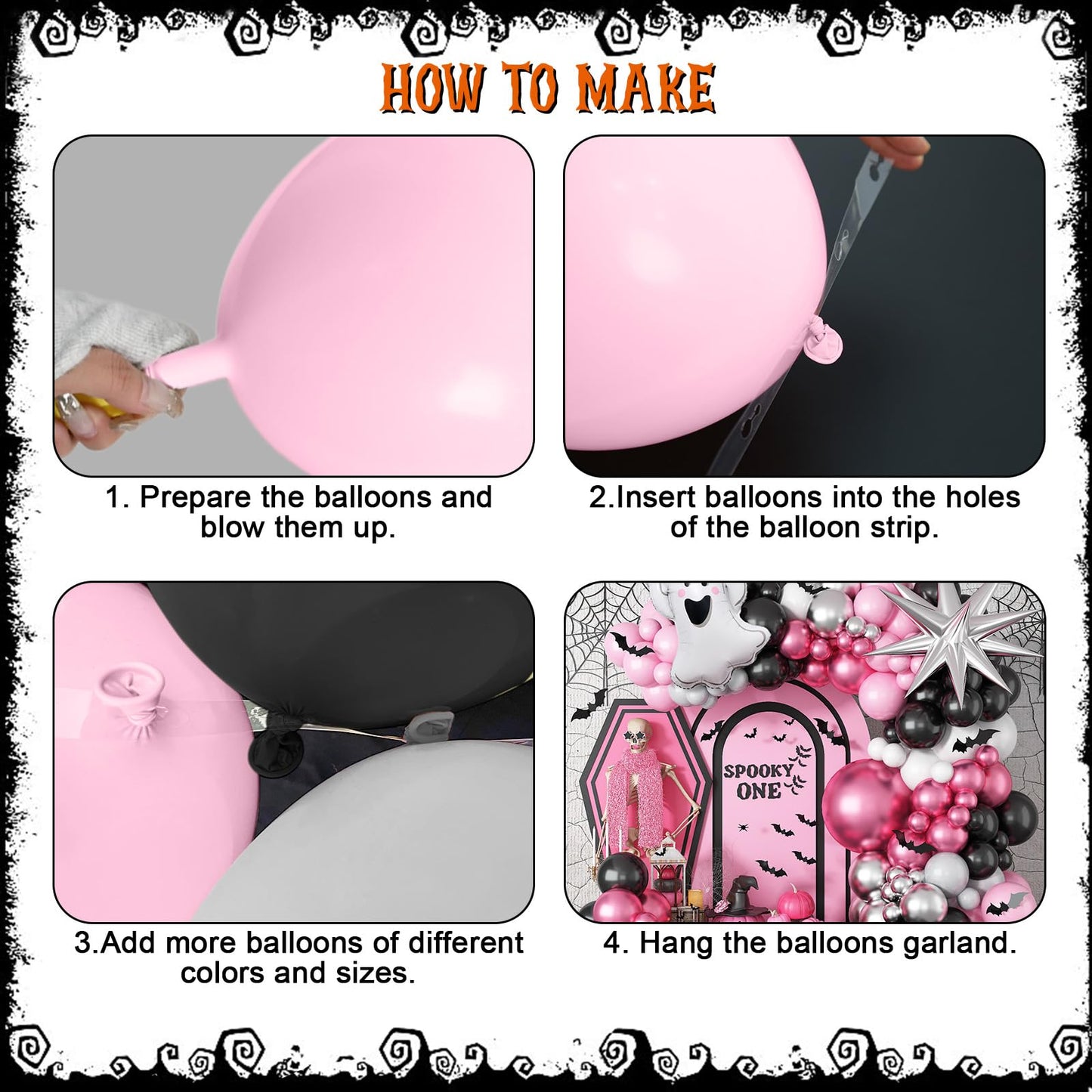 Froova Halloween Balloon Arch Kit, 131 Pcs Pink Black Silver Balloon Garland with 3D Bat Stickers Ghost Star Balloons for Girls Halloween Baby Shower Spooky Birthday Party Decorations