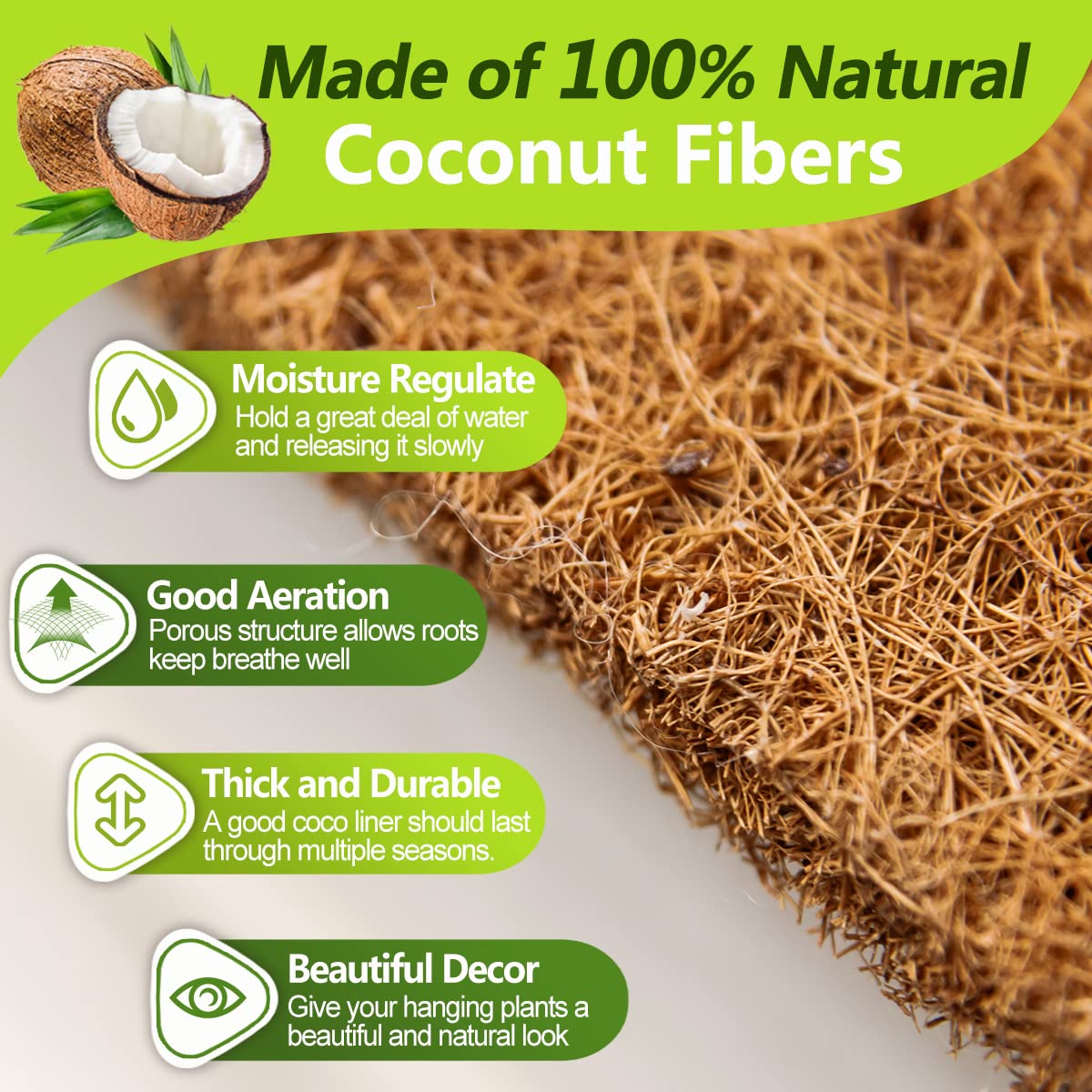 TigeJoy Coco Coir Liners for Hanging Baskets 12inch 3PCS, 100% Natural Coco Fiber Planter Insert, Round Thick Coconut Liners for Garden Plants Flower Vegetable Pot Flowerpot Replacement Liner