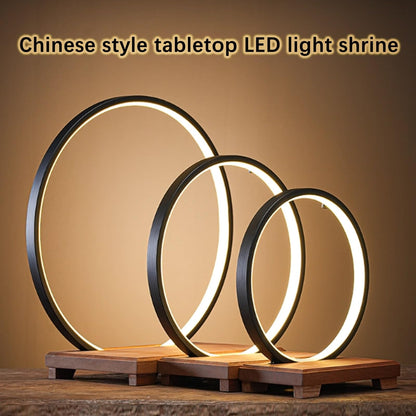 Tabletop Wooden Buddhist Altar Cabinet With LED Lamp Ring Household Shrine Altar Table Small Buddha Statue Base Zen Prayer Tea Table Ornaments for Living Room Entrance Office Decor.(B,25cm/9.8in)