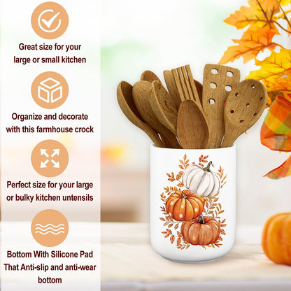 JarThenaAMCS Fall Ceramic Utensil Holder Watercolor Pumpkin Leaves Utensil Crock for Autumn Harvest Thanksgiving Home Kitchen Countertop Storage Organizer Container