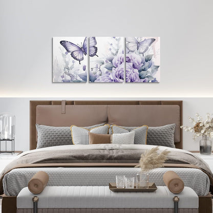 Feelyou Light Purple Rose 3 Piece Canvas Wall Art for Living Room Bedroom Butterfly Wall Art for Home Decor Floral Flower Office Wall Decor Romantic Theme Wall Painting