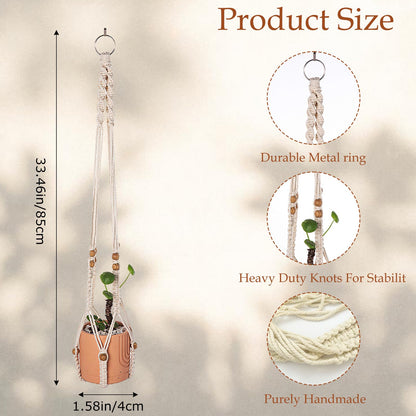 Beciway 2-Pack Macrame Plant Hangers with Wood Beads – 34 Inch White Hanging Planters, Boho Indoor Outdoor Flower Pot Holders, No Tassels (Pots Not Included)