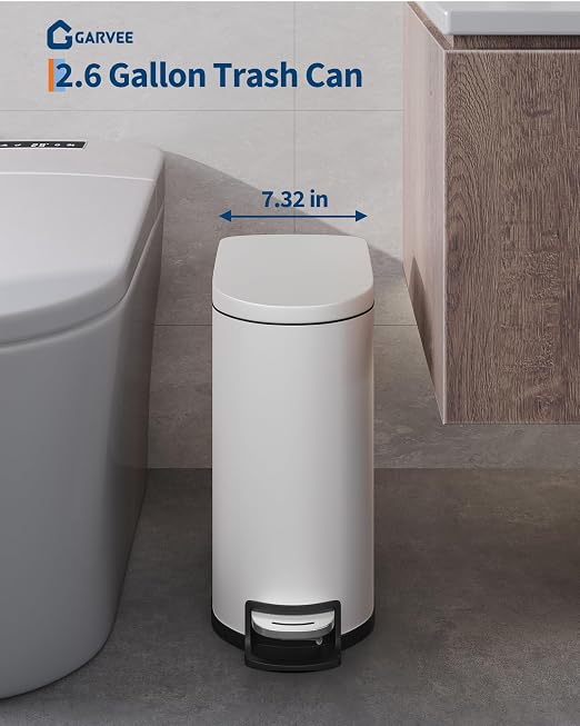 Garvee 13 gal (50 L) and 2.6 gal (10 L) Metal Trash Can Combo Set, Rustproof Garbage Can with Lid, Step-on Trash Bin with Inner Bucket, Rear Handle, White