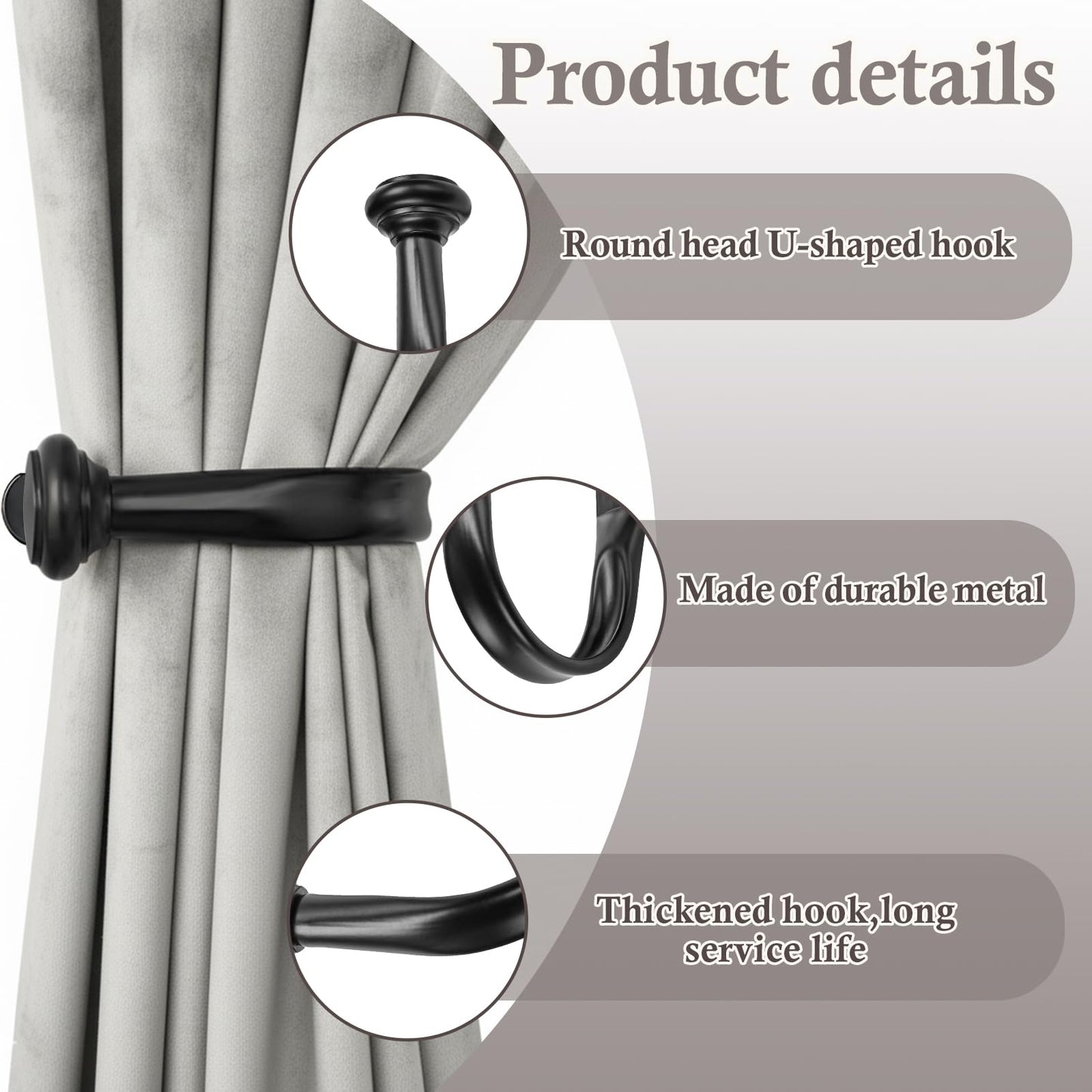 Primero Basics Black Curtain Tiebacks - Wall-Mounted Curtain Holdbacks, Elegant Curtain Hooks for Drapes, Curtain Holders for Wall, Tie Backs for Curtains, Modern Curtain Hooks,2 Pack